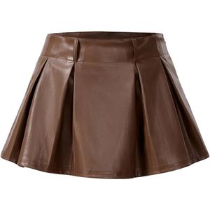 SweatyRocks Women's PU Leather A Line Mini Skirt Flared Hem Pleated Skirts with Shorts (Brown, S)