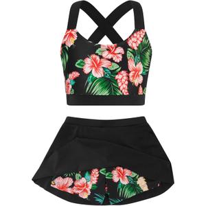 Cutemile 5-16 Years Girls Two Piece Tankini Swimsuit with Boyshort Bathing Suit Quick Dry Beach Swimwear (Black)