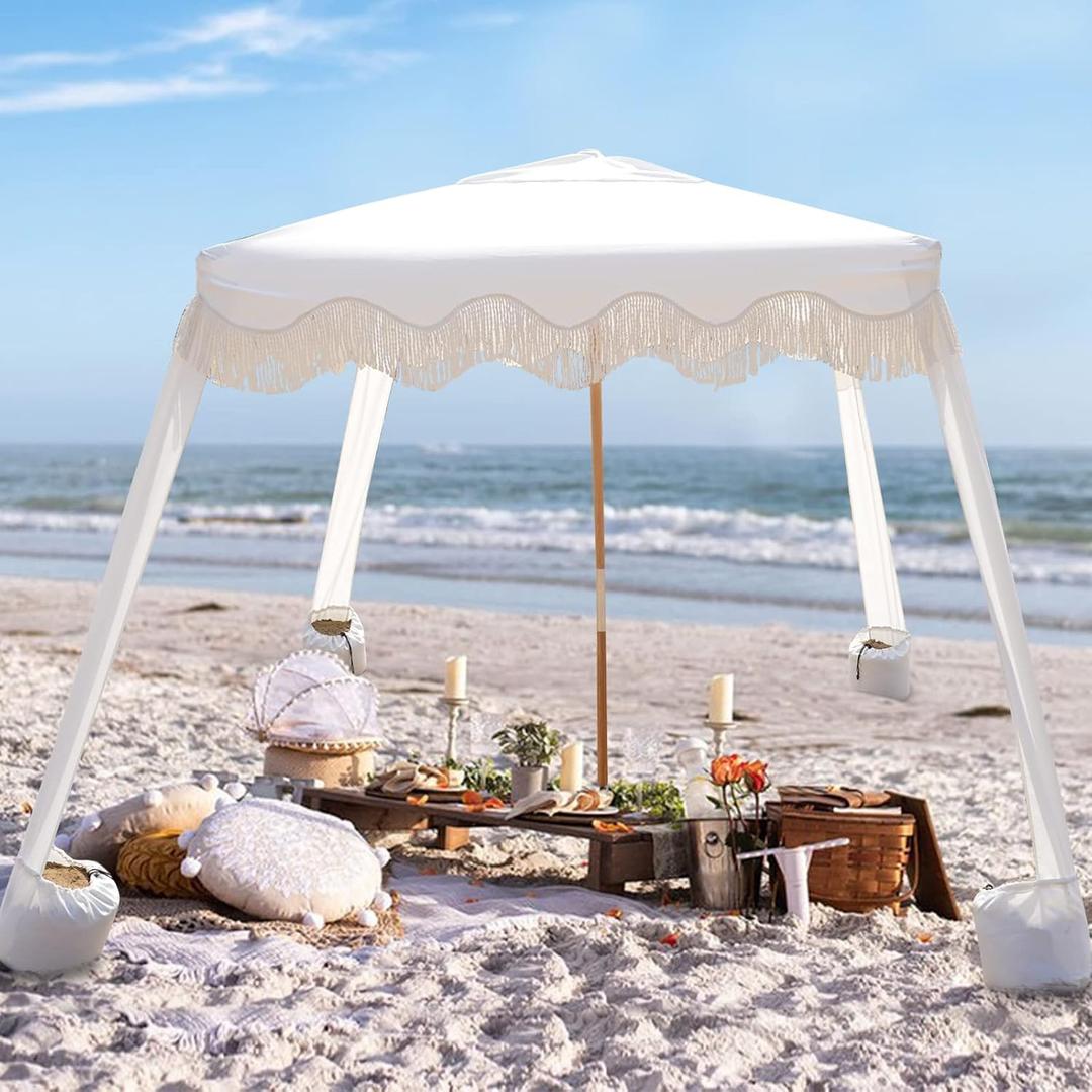 AMMSUN Beach Cabana with Fringe, 7' x 7' Boho Beach Canopy with Tassels, Easy Set up & Premium Wood Pole, Cabana Tent with Sand Pockets, Instant Sun Shade for Sand, Garden, Patio, Elegant White