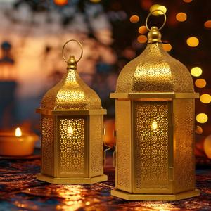 NEEDOMO Ramadan Decorations for Home, 15 & 10.8 Golden Ramadan Lanterns, Vintage Metal Moroccan Candle Lantern Decor for Tabletop, Mantel, Wall, Indoor Outdoor, EID Mubarak Gift