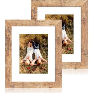 iRahmen 8x10 Picture Frame Set of 2, High Definition Real Glass Rustic Brown Wood Frame, Display Pictures 5x7 with Mat or 8 x 10 Without Mat for Tabletop or Wall Mounting