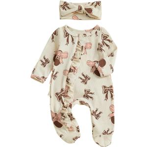 Newborn Baby Romper Infant Girl One-piece Outfit Waffle Ruffle Zip Footie Spring Summer Clothes With Bow Headband (0-3 Months, Brown Football)