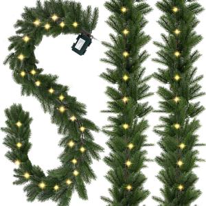 Christmas Garland with Lights, 6 Ft Lighted Garland, Realistic Greenery Norfolk Pine Garlands, 30 LED Lights Battery Powered, Timer Included Greenery Garlands for Mantle Christmas Decor