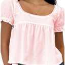 Women Y2k Puff Short Sleeve Top Backless Ruffle Hem Square Neck Fitted Crop Blouse Pleated Solid T Shirt, Size: S