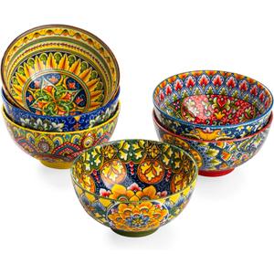 Henten Home Ceramic Dessert Bowls Set of 6, Bohemia 10 oz Snack Serving Bowl, Porcelain Colorful Bowls for Snack, Soup, Ice Cream, Decorative, Microwave & Dishwasher Safe