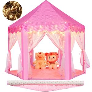 Monobeach Princess Tent Girls Large Playhouse Kids Castle Play Tent with Star Lights Toy for Children Indoor and Outdoor Games, 55'' x 53'' (DxH) (Pink Princess with Play Mat)