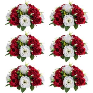 NUPTIO Artificial Flower Centrepieces for Tables - 6 Pcs Crimson & White Fake Flowers Roses Balls 9.5in Diameter - Silk Faux Rose Arrangement for Wedding Party Centerpiece Table Decorations