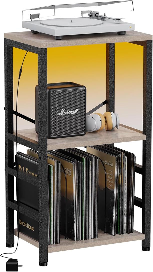 End Table with LED Light, Record Player Stand with Albums Storage, Vinyl Records Storage, Turntable Stand Side Table for Music Room, Studio Living Room Bedroom - Greige