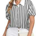 Belle Poque Striped Button Down Shirt Women Short Sleeve V Neck Collared Blouse Summer Casual Work Tops (XX-Large, Black)
