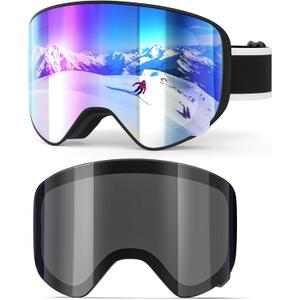 Ski Goggles with Magnetic Lens, Kids Snowboarding Goggles for Boys Girls, Anti Fog UV Protection Age 3-14 (01.black Frame With Multicolor Lens+ Grey Lens)