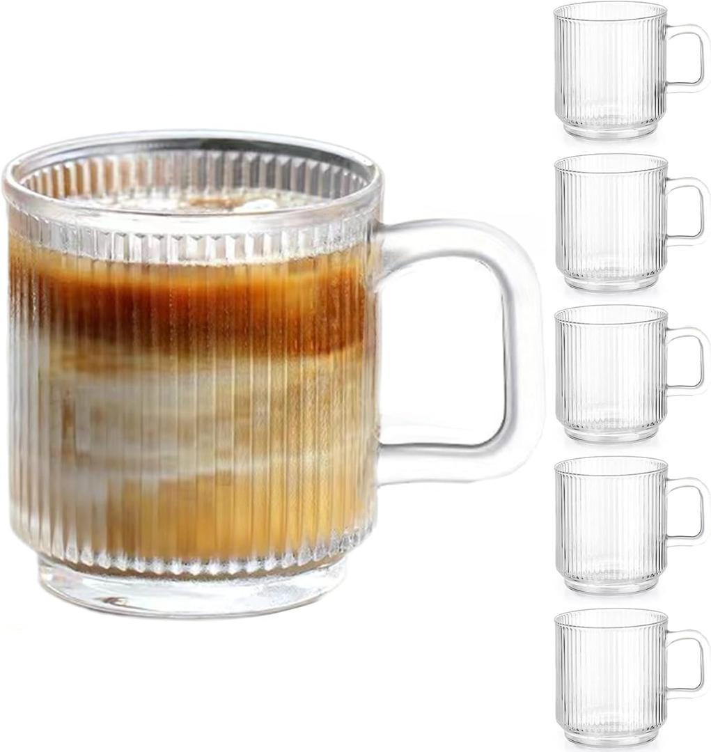 6 x Qipecedm 6 PACK Premium Glass Coffee Mugs with Handle, 12 OZ Classic Vertical Stripes Glass Coffee Cups, Transparent Tea Cup for Hot/Cold Beverages, Glassware Set for Americano, Latte, Cappuccino