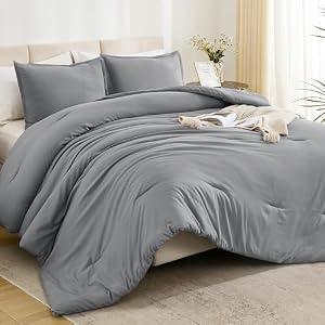 Litanika Queen Comforter Set Grey, 3 Pieces Lightweight Fluffy Solid Bedding Comforter Set, Down Alternative Comforter All Season Bed Set Gift Choice
