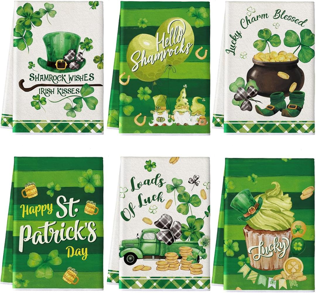 Patelai 6 Pcs St. Patrick's Day Kitchen Towels Set St Patrick's Day Hand Towels Shamrock Green Dish Towel Bathroom Decorative for Irish Home Housewarming Gifts, 15.75 x 23.62 in(Cute Color,Watercolor)