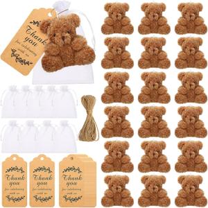 Hungdao 54 Pcs Mini Stuffed Plush Bear Baby Shower Decorations18 Pcs 4.72 Inch Tiny Bears Gift 18 Pcs Organza Bags 18 Pcs Thank You Kraft Tags Rope for Birthday Wedding Party (Brown)