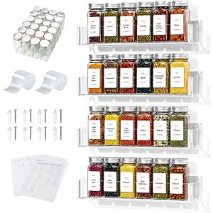 4-Tier Acrylic Wall Mount Spice Rack, Spice Organizer with 24 Glass Jars, 216 Labels & Funnel, Adhesive & Screw Mount Clear Spice Storage for Kitchen Pantry Cabinet, 12W x 2.2D x 2.4H