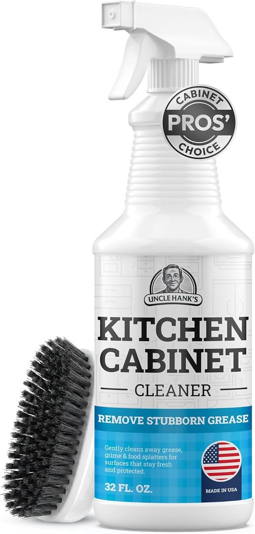 Kitchen Cabinet Cleaner Gentle, Residue-Free and Effective Everyday Degreaser & Grime Remover for Wood, Painted and Finished Furniture - Complete with Cleaning Brush & Cabinet Cleaner Spray 32oz