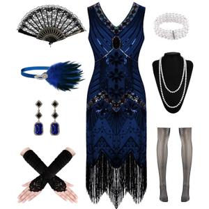 1920s Dresses for Women, Flapper Dress Lace Fan Feather Headband Sequins Beads Fringes 20s Accessories Vintage Mafia Costume (3X-Large, Blackblue)