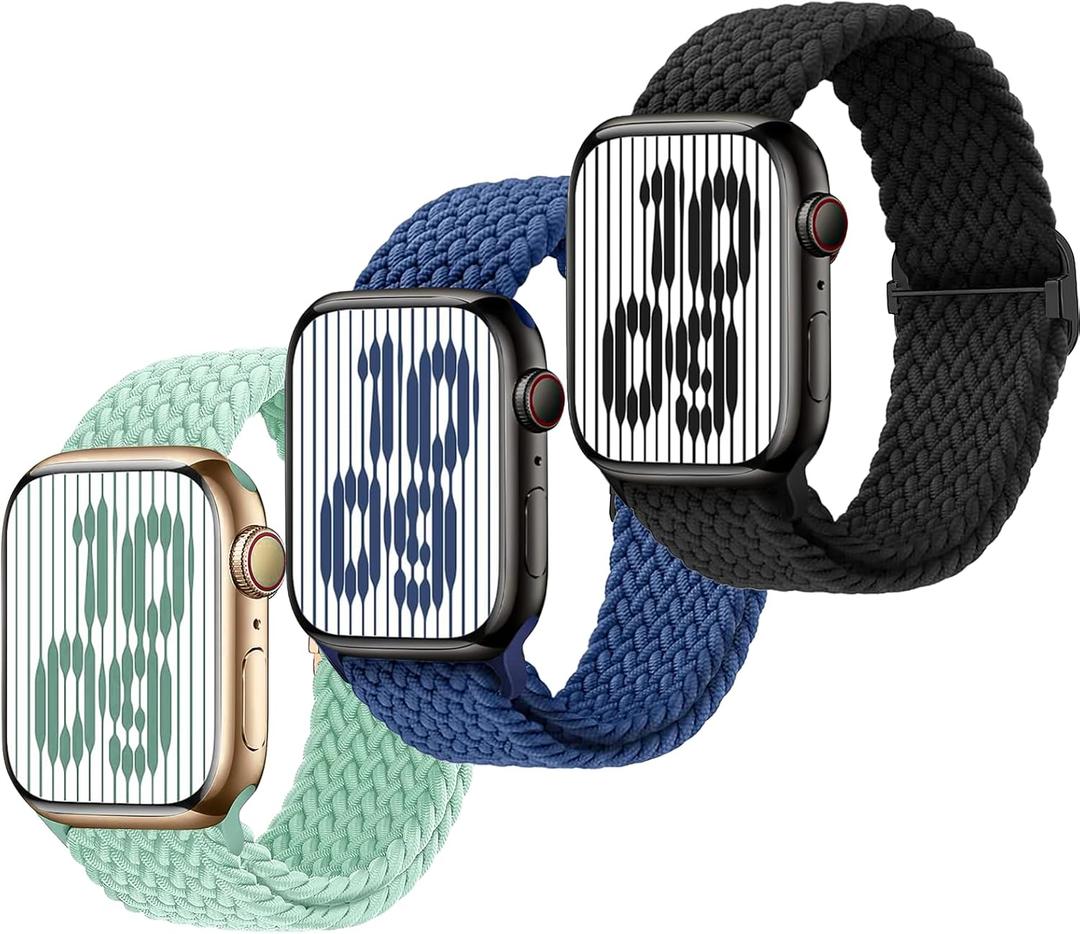 Braided Stretchy Strap Compatible with Kids Apple Watch Band Series 11/10/9/8/7/6/5/4/3/2/1 SE3/2/1 38mm 40mm 41mm 42mm 44mm 45mm 46mm, iWatch Sport Elastic Replacement Bands Boy Girl Small Wrist (Black+NavyBlue+Teal)