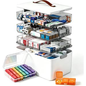 funest 4- Tier Medicine Storage Box Organizer Portable First Aid kit Box Sewing, Art, Craft with Handle, Multipurpose Medical Supply Organizer with Removable Tray 4-Tier Medicine Organizer Set