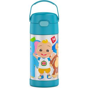 THERMOS FUNTAINER Water Bottle with Straw - 12 Ounce - Kids Stainless Steel Vacuum Insulated Water Bottle with Lid, Cocomelon