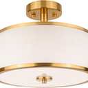  3-Light Semi Flush Mount Ceiling Light Fixture, 12.6" Gold Drum Light with White Fabric Shade, Modern Close to Ceiling Light for Living Room Bedroom Dining Room Kitchen Hallway Entry Foyer