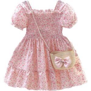 Toddler Girls Floral Dress Square Neck Puff Sleeve A-Line Smocked Dress with Bag Toddler Girls Summer Outfits (2-3T)