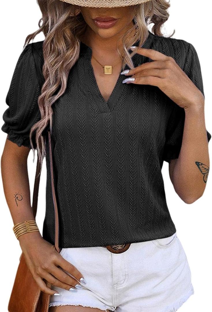 Dokotoo Womens Summer Short Puff Sleeves Blouses Shirts V Neck Cute Solid Knit Textured Casual Regular Fit Tops (Black, XXL)