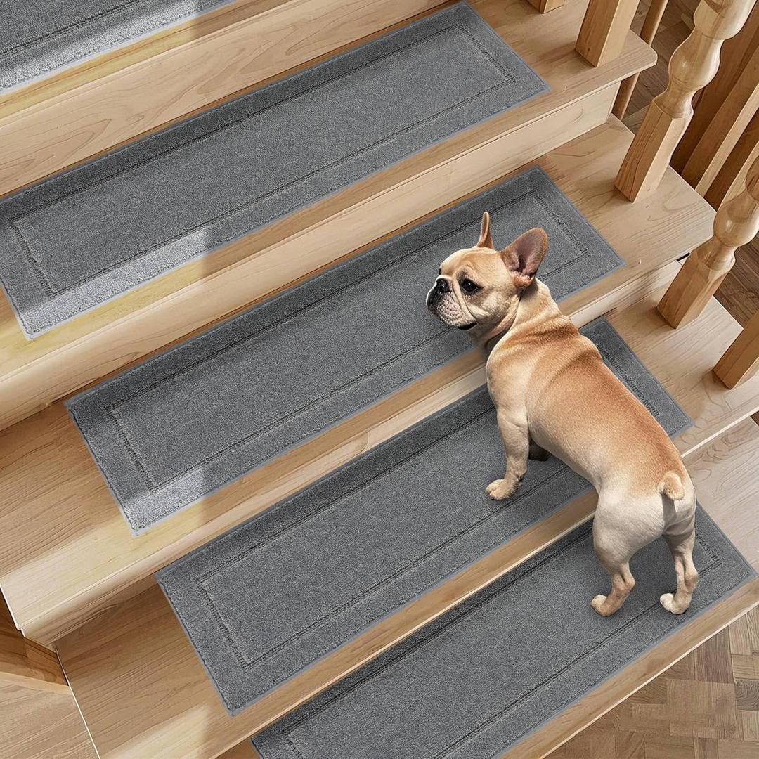 Non-Slip Stair Treads for Wooden Steps Indoor, 4 Pack 8" X 30" Edging Stair Rugs with TPE Backing, 0.4" Thick Carpet Stair Treads for Kids Elders & Pets, 100% Polyester Soft Stair Runners, Light Grey