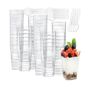 96 Pack Square Mini Dessert Cups with Spoon, 3oz Clear Shooter Cups for Party, Reusable Plastic Pudding Parfait Cups for Yogurt Jello Ice Cream