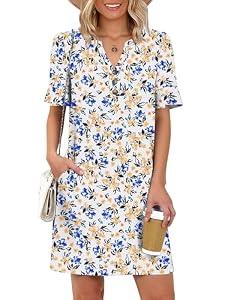 Prinbara Womens Summer Casual Dresses Ruffle Short Sleeve V Neck Button 2026 Spirng Vacation Beach Loose Boho Shift Dress Floral Yellow Blue X-Large