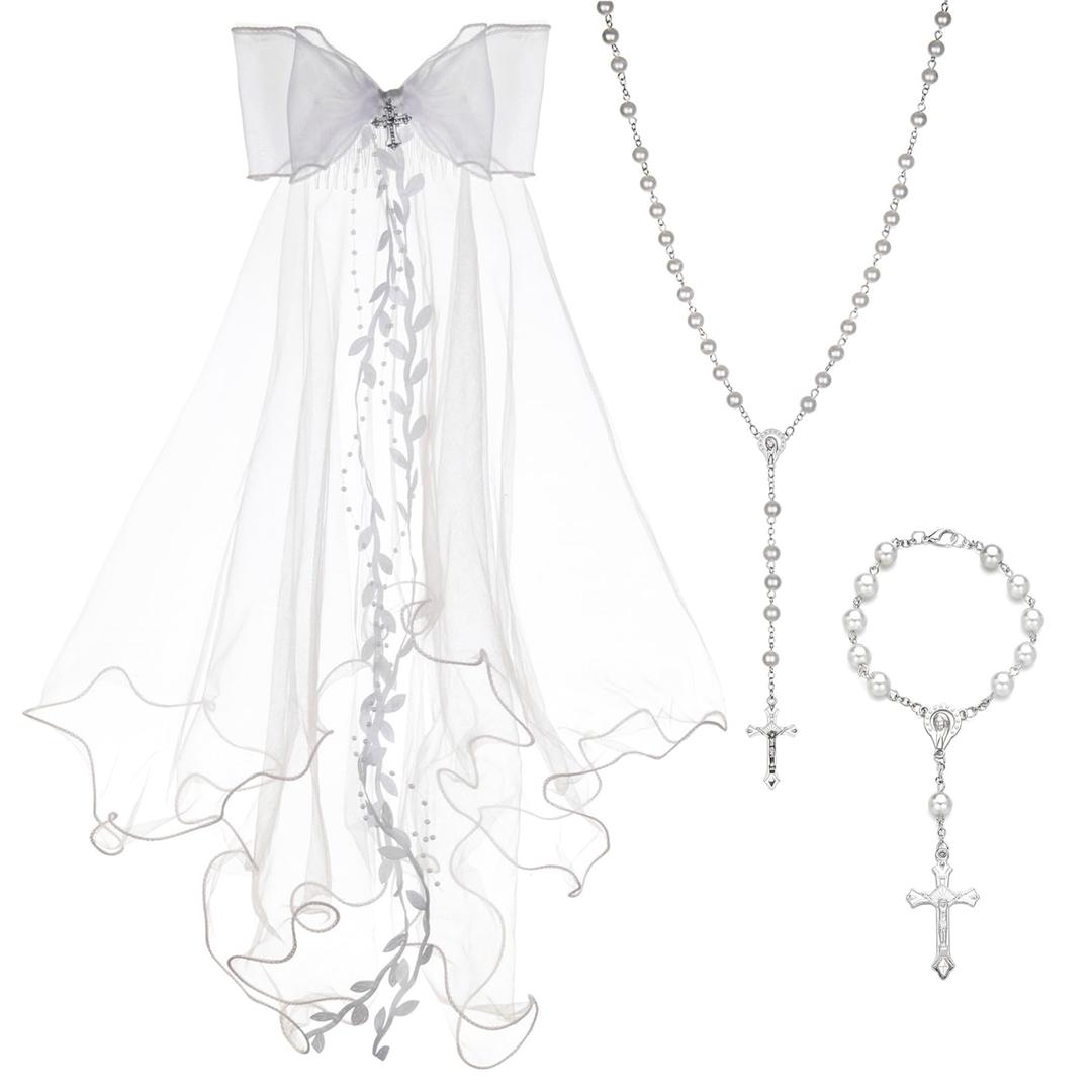 Veerady Girls First Communion Veil White Pearl Flower Crown Communion Veil