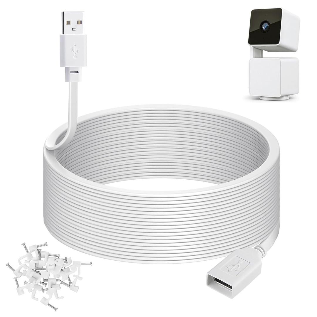 50ft Power Extension Cable Compatible with Blink Mini 2, WyzeCam v4 and Pan v3, Tapo C120, Kasa Indoor, YI Pro, eufyCam E220 Security Cameras - 15m Long Flat USB Male to Female Charging Cord, White