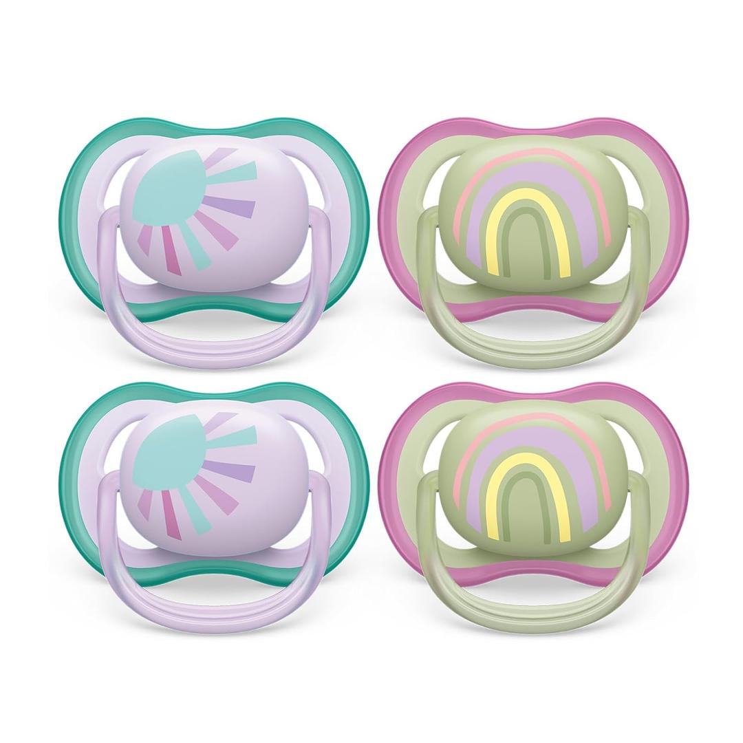 Philips Avent Ultra Air Pacifier - 4 x Light, Breathable Baby Pacifiers for Babies Aged 0-6 Months, BPA Free with Sterilizer Carry Case, SCF085/51 (Lilac Sun / Green Rainbow)