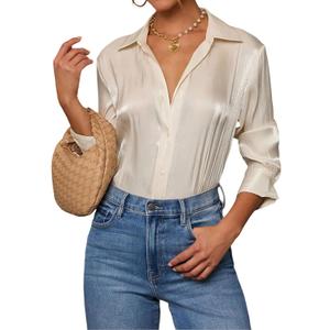 Button Down Shirts for Women Business Casual Fitted Tops Long Sleeve V-Neck Work Blouse Formal (XL)