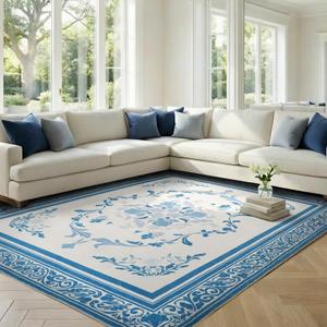 SOULFUL Medium Pile 8x10 Rugs for Living Room - Cozy Soft Underfoot Large Area Rug - Blue Boho Floral - Washable Non-Slip - Perfect for Bedroom Kids Room Under Dining Table Office