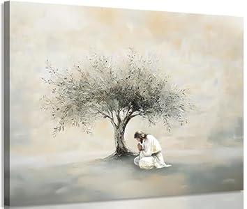 XLYFVLGF Jesus Praying Canvas Wall Art Christian Wall Decor Pictures Bible Stories Christ's Atonement Print Garden of Gethsemane painting artwork for Living room bedroom church decoration 16x24