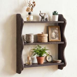 3-Tier Solid Wood Wall Shelf, Scalloped Edge Floating Shelves Wall Mounted, Vintage Rustic Decorative Display Shelf for Trinket & Figurine, Farmhouse Home Decor for Living Room, Bedroom, Bathroom, 18.7" W x 18.9" H x 4.7" D
