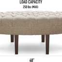 Madison Park Martin Oval Surfboard Tufted Cocktail Ottoman Soft Fabric, All Foam, Wood Frame Modern Coffee Table Living Room Lounge Furniture, Linen, 48"W x 27.5"D x 18"H