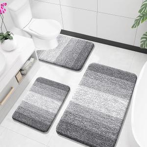 OLANLY Microfiber Bathroom Rugs Sets 3 Piece, Absorbent Bath Mats, Grey, Size: 36" X 24" + 24" X 16" + U24" X 20"