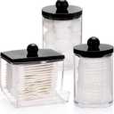 Tbestmax 3 Pack Qtips Holder Dispenser - Bathroom Organizers and Storage Containers, Plastic Apothecary Jars with Black Lids for Cotton Swab, Cotton Round Pads, Floss