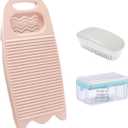 Wash Board, Washboard for Hand Washing Clothes, Plastics Laundry Scrub Board Household With Holder Portable (D-light pink+multifunctional soap dish+soft bristle brush)