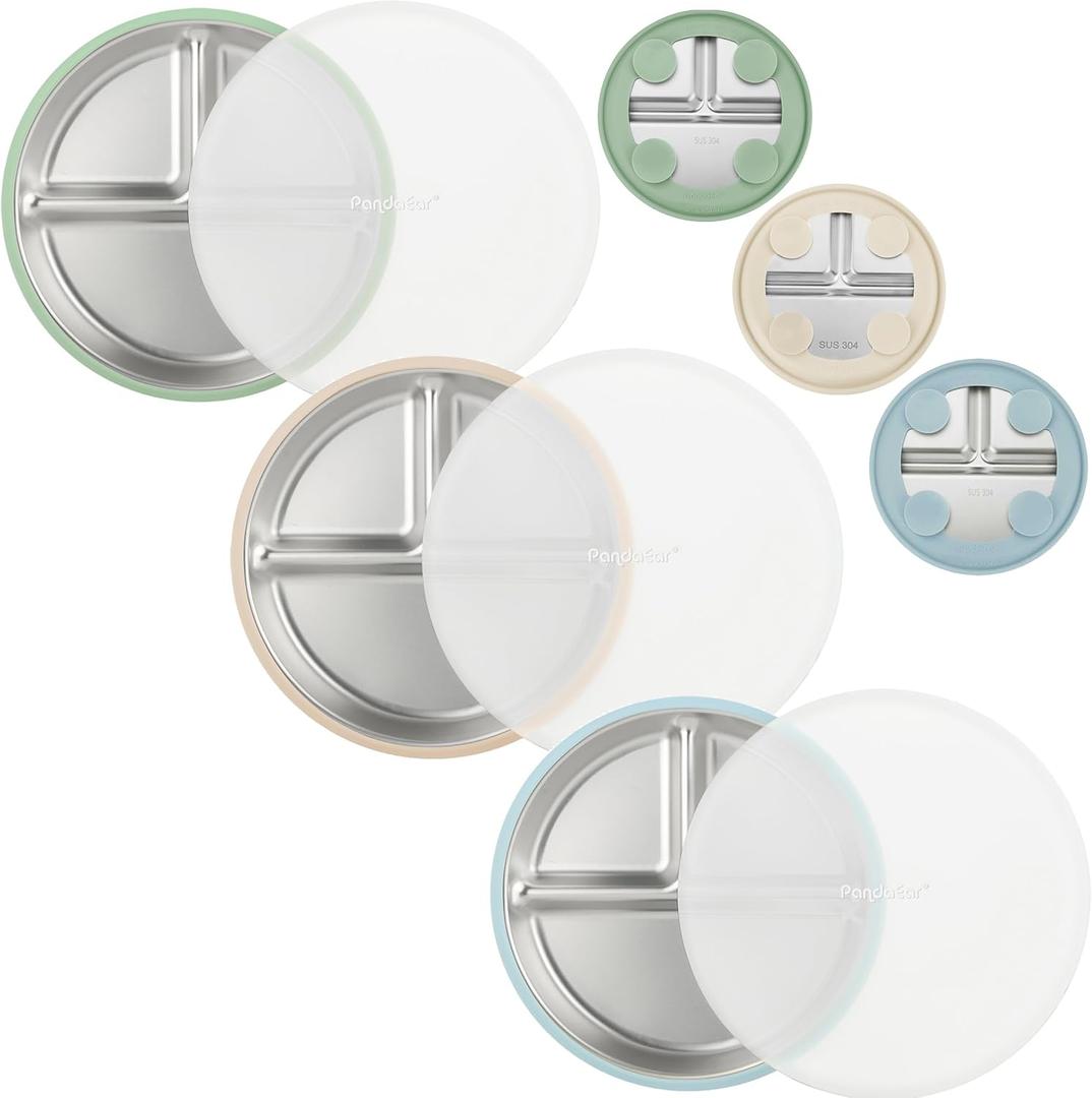 3 Pack Stainless Steel Baby Suction Plates, Divided Toddler Plate for Baby Led Weaning Supplies, Non-Slip Toddler Baby Feeding Set Dishwasher Safe (Blue/Green/Brown, With Lids)