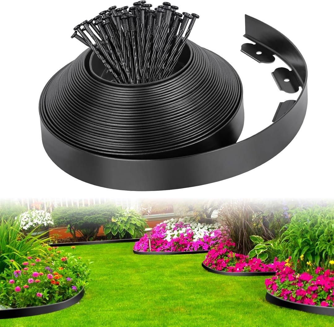 2-Inch x 33 FT Landscape Edging Border with 50 Spikes, Garden Edging Border Lawn Edging, Plastic Edging for Landscaping Flower Beds Yard Pathway Paver Edging (Black)