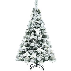 5ft Snow Flocked Hinged Christmas Tree w/Berries & Poinsettia Flowers CM23504
