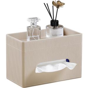 Tissue Box Cover Rectangle with Storage Tray, PU Leather Tissue Holder for Bathroom Vanity Countertop Night Stands Bedroom Office Desk, Stylish Rectangular Tissue Box Holder (Beige)