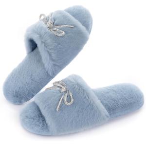 ULTRAIDEAS Women's Fuzzy House Slippers Fancy Open Toe Slides Slippers with Rhinestone Bowknot and Non Slip Sole (10, Blue)