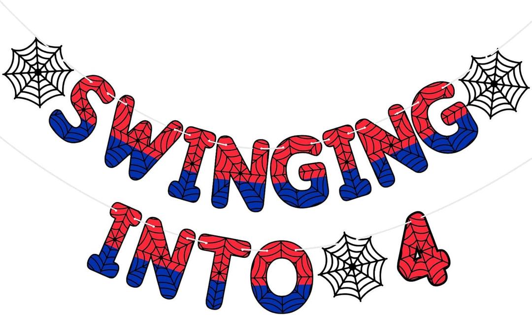TaoBary Spider Theme 4th Birthday Banner, Pre-strung Swinging into 4 Banner, Ghost Spider 4th Birthday Decorations Party Supplies for Kids, Fourth Decor for 4 Year Old Boys Girls (Red and Blue)