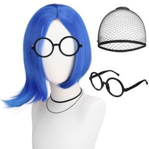 Blue Wigs for Women, Short Blue bob Wigs Sadness Cosplay Wig Anime Synthetic Hair for Halloween Costume Party (1 Glasses+ 1 Hair Cap)