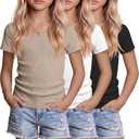 3 Pack Girls Shirts Scoop Neck Ribbed T Shirts Teens Short Sleeve Slim Fit Summer Tees for Kids Age 5-14