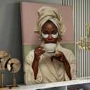 Black Woman Banthroom Canvas Wall Art Relaxing Woman Drinking Coffee Picture Wall Decor African American Black Girl Spa Poster Zen Yoga Painting Print Artwork for Restroom Toilet Washroom Home Decor, Canvas, 24L"x16W"